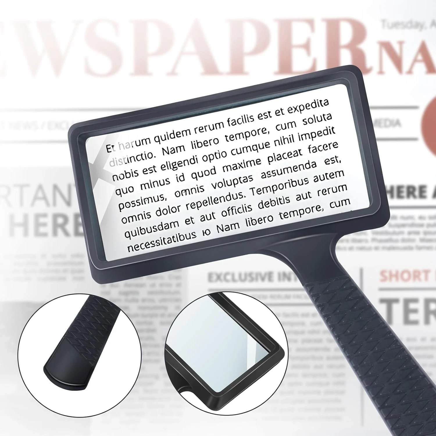 5X Rectangle Reading Magnifier, Large Handheld Magnifying Glass Scratch Resistan