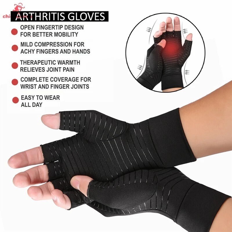 Copper Compression Gloves Anti Arthritis Fingerless Hand Support Pain Relief US