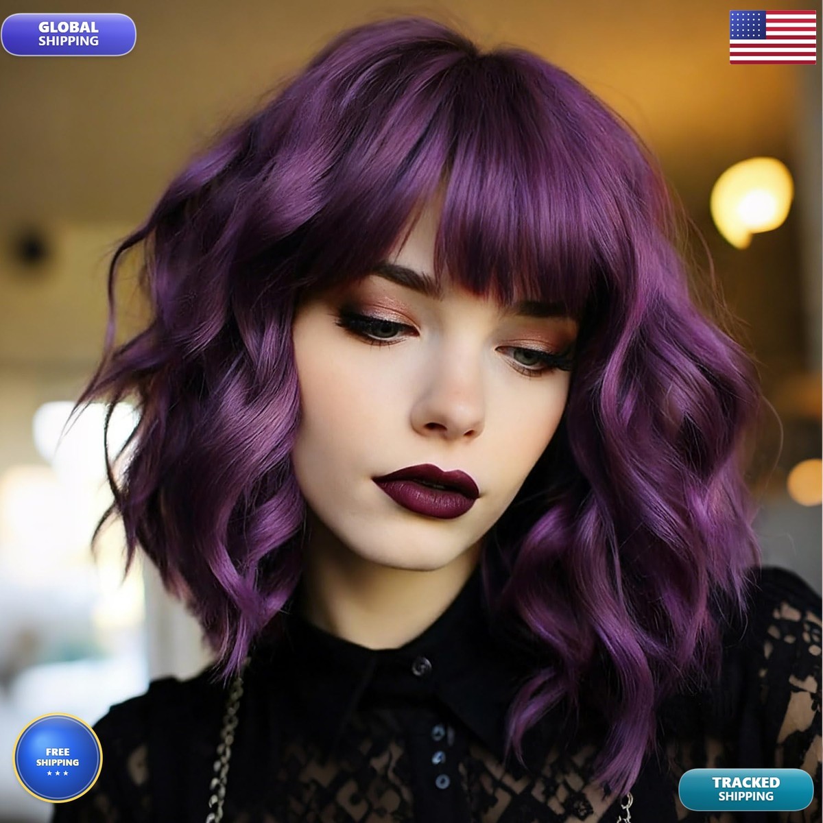 Amarlis Dark Purple Synthetic Wig with Bangs for Women