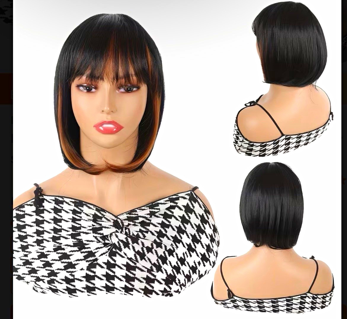 Synthetic Straight Bob Wig with Bangs Black/Brown Highlights 12in DM62-1B/30