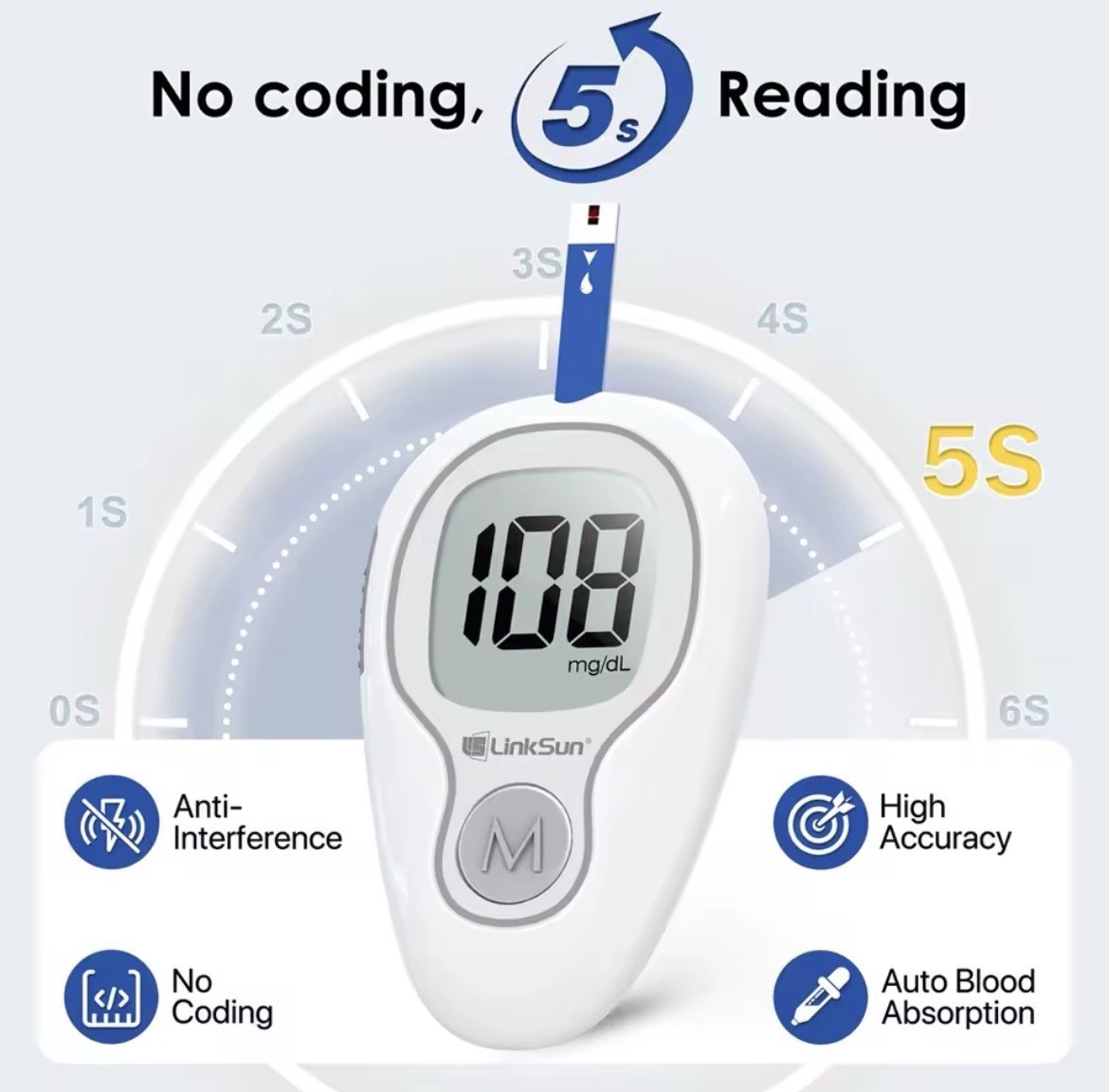 LinkSun G-425-1 No Coding Blood Glucose Meter Kit 50 Strips 50 Lancet And Device