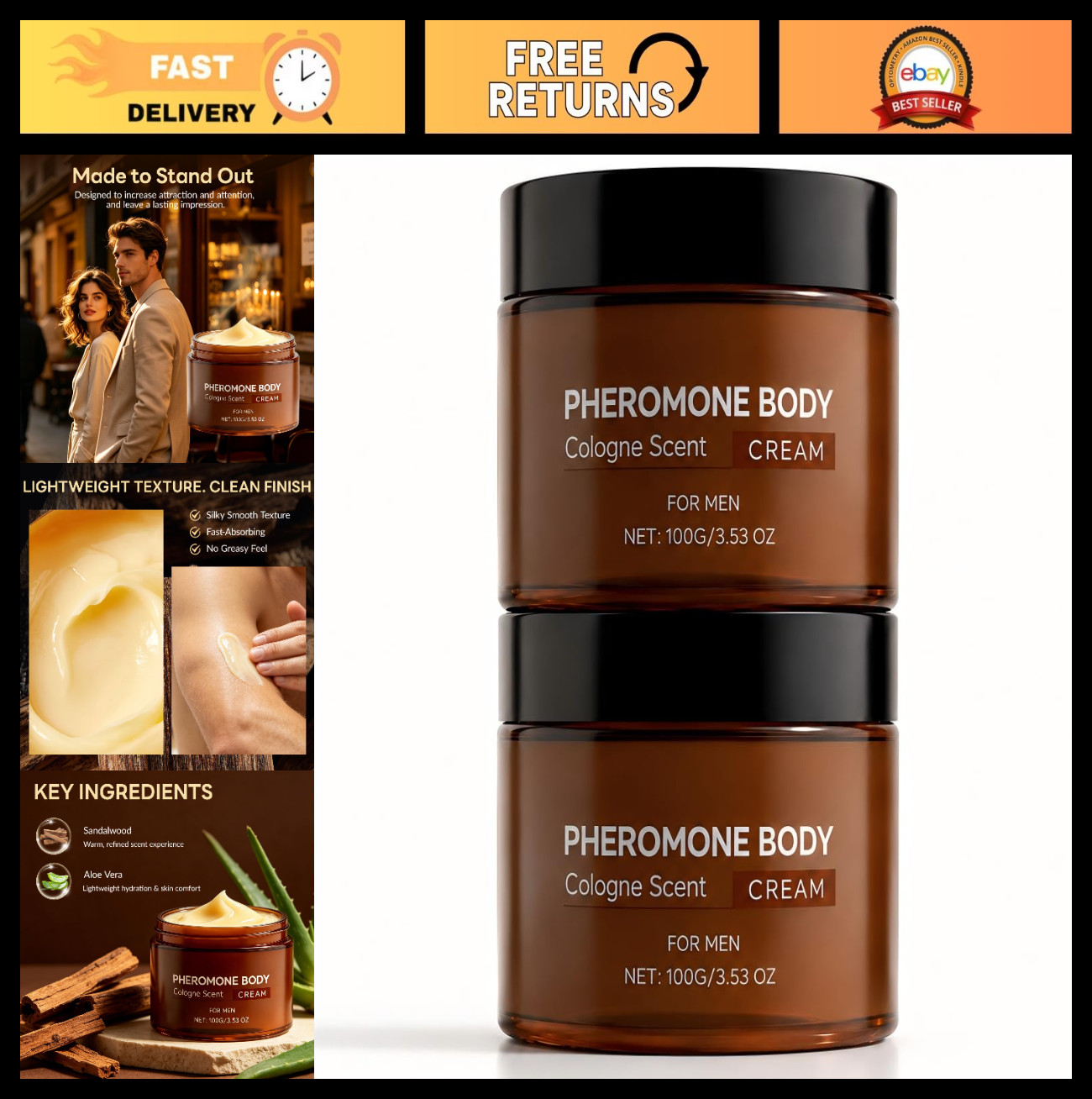 2 Pack Cologne-Scented Body Butter for Men, Sandalwood & Aloe Vera, Hydrating &