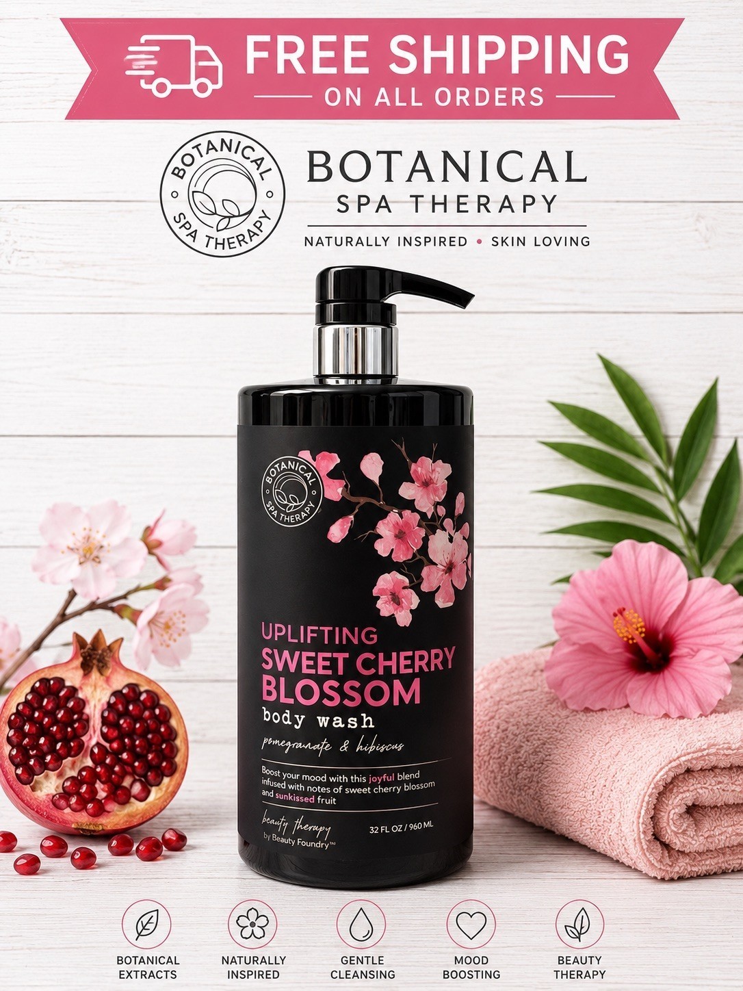 BOTANICAL SPA THERAPY ~ Uplifting SWEET CHERRY BLOSSOM ~ Body Wash – JUMBO 32 Oz