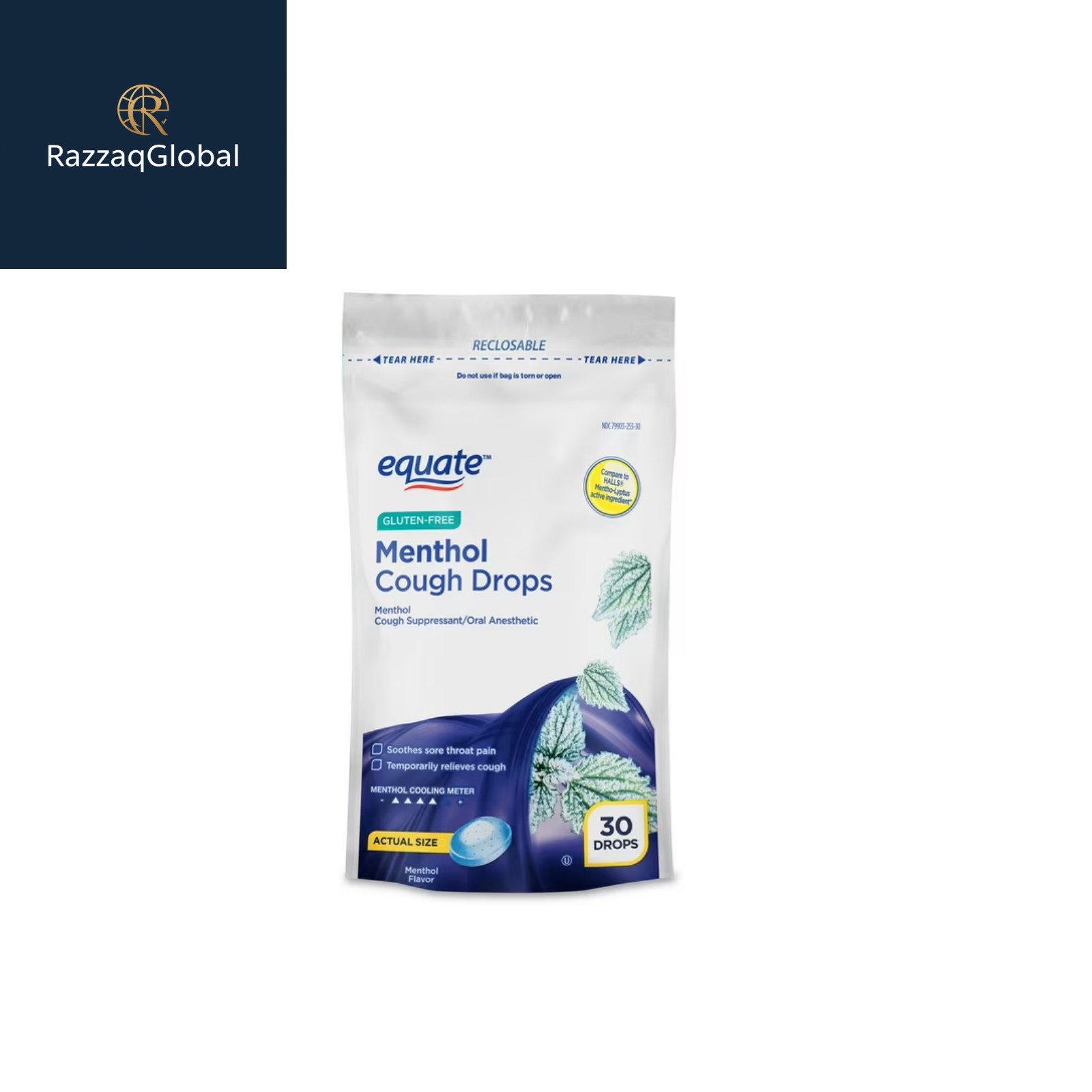 Equate Gluten-Free Menthol Cough Drops, Menthol Flavor, 30 Count