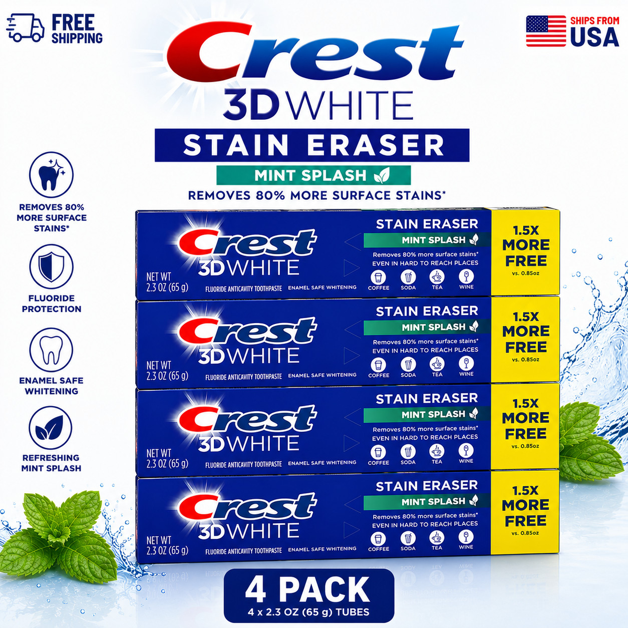 Crest 3D White Stain Eraser Mint Splash Toothpaste 4 Pack Whitening