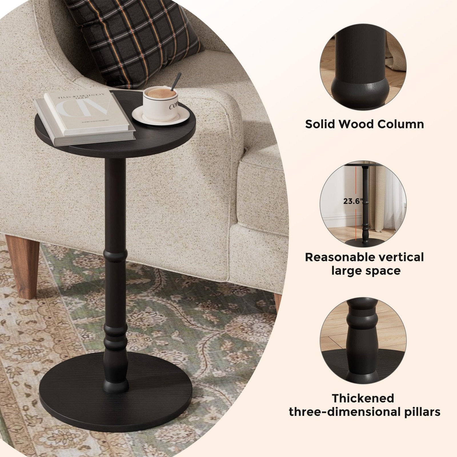 Homleke 12 Round Side Table Solid Wood Pillar Wood Top Base Small Drink Accent