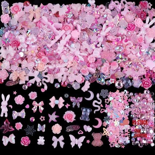 300pcs Nail Art Charms Kit,Over 100pcs Mixshape Resin Gems and 100 100pcs-pink