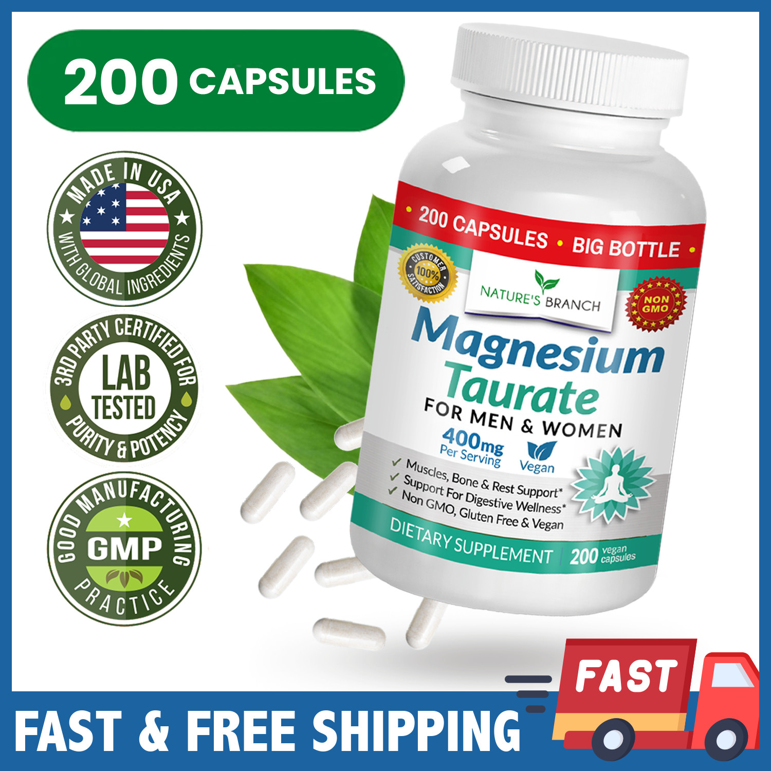 MAGNESIUM TAURATE 400 MG – 200 Casules – High Absorption | Non-GMO | Made in USA