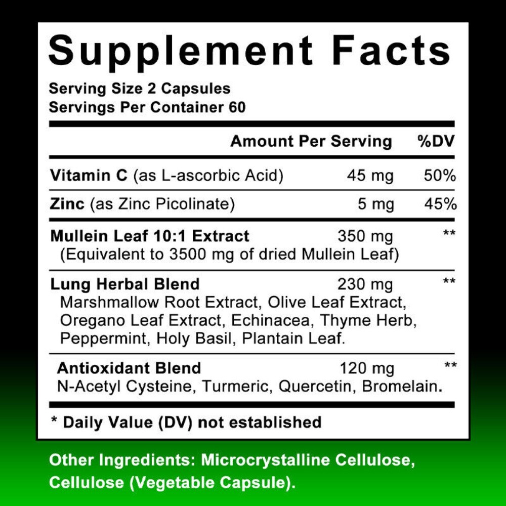 15 In 1 Lung Complex Mullein Extract Supplement Lungs Detox Cleanse 120 Capsules