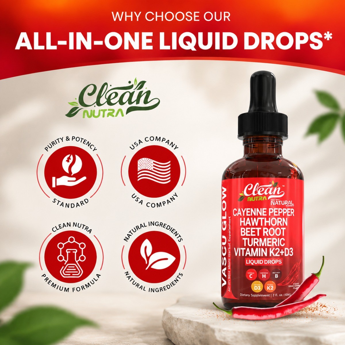 Clean Nutra Cayenne Pepper Liquid Drops Hawthorn Beet Root K2 D3 Supplement