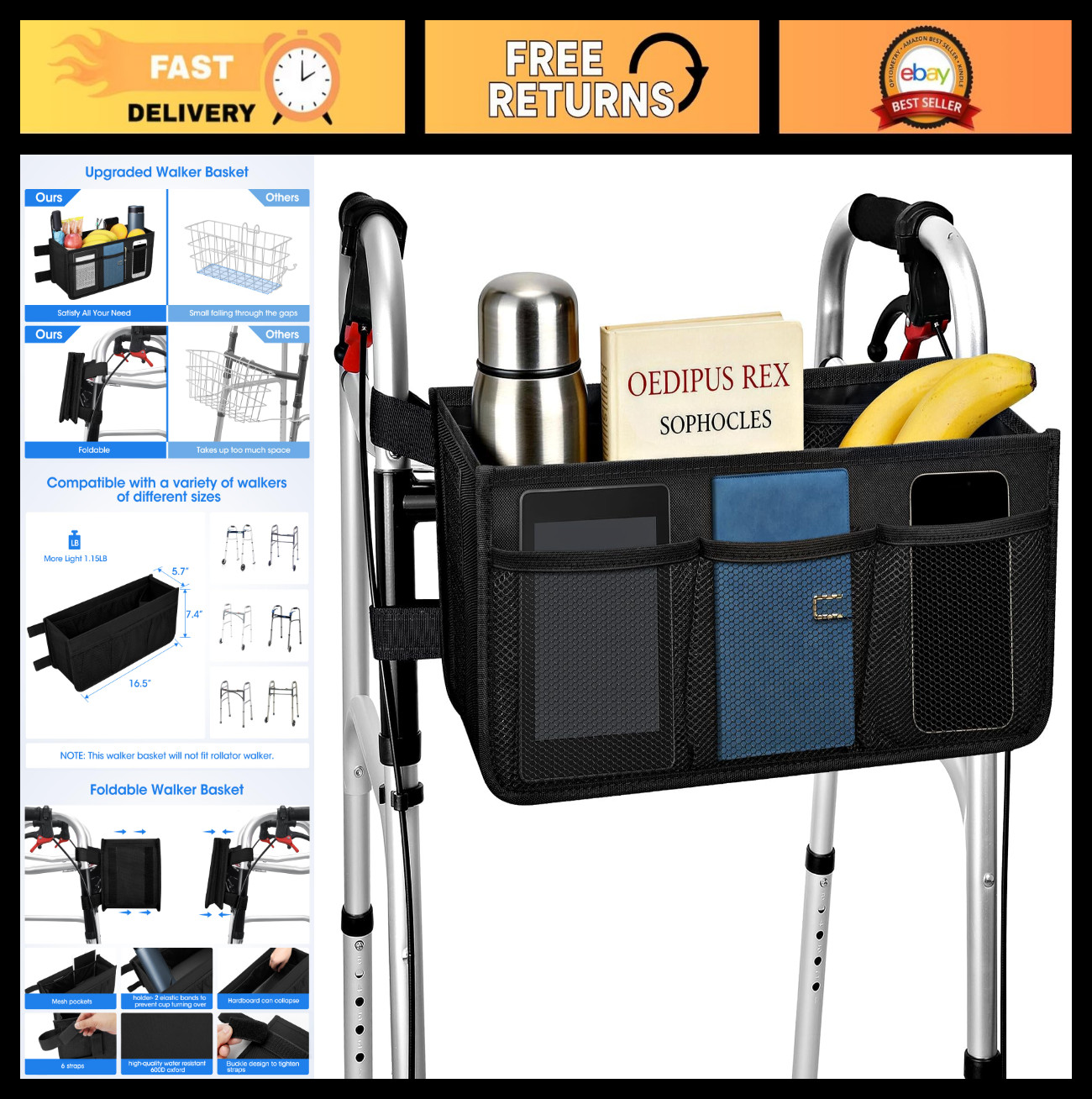 Foldable Walker Basket with Cup Holder – Large Capacity, Stable Design, Not for
