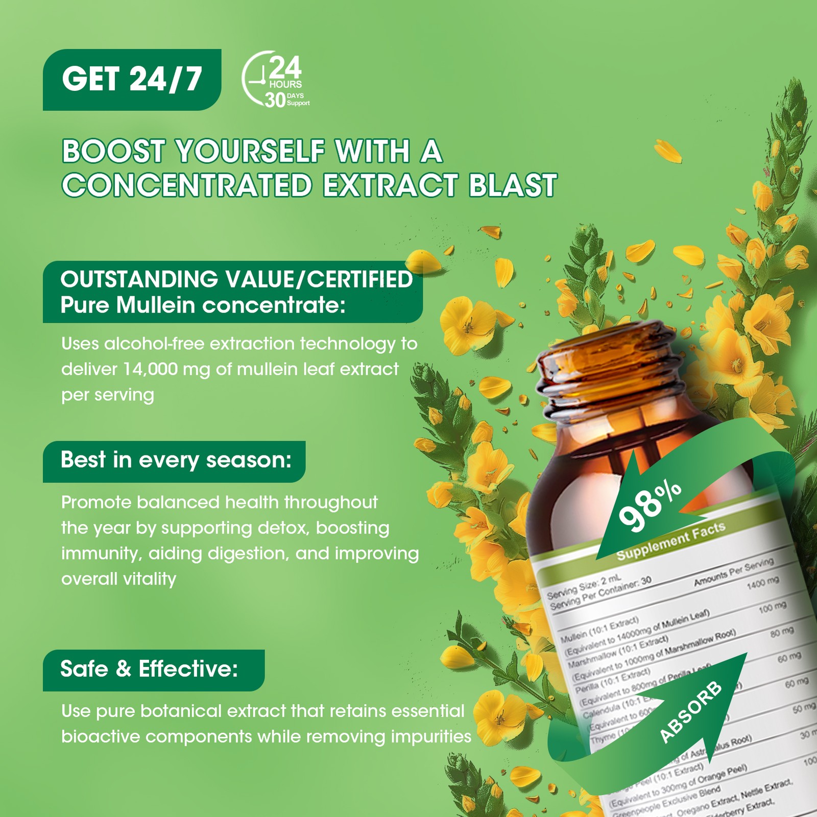 Mullein drops for Lung, Mullein Leaf Extract, Super Concentrated Tincture