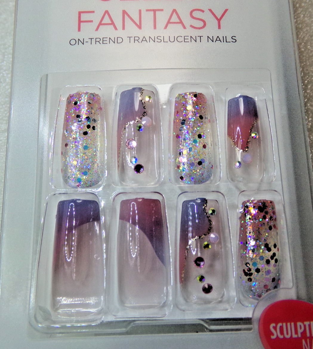 KISS Gel Fantasy NAILS GLUE ON Clear with Purple & Pink & Glitter LONG Square