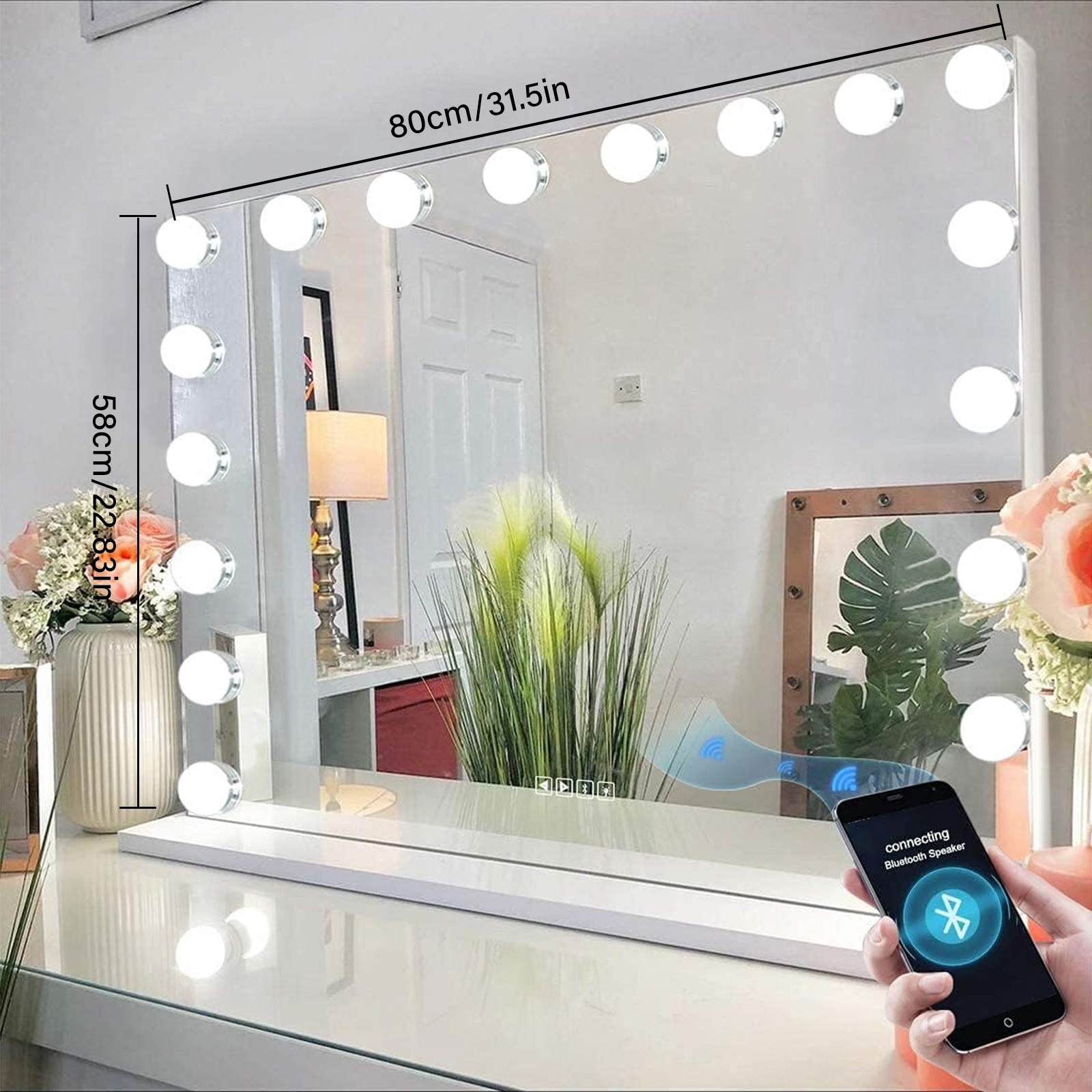 Bluetooth Hollywood Vanity Mirror 32×23 inch 3 Color Modes & 5X Magnifier 18 LED
