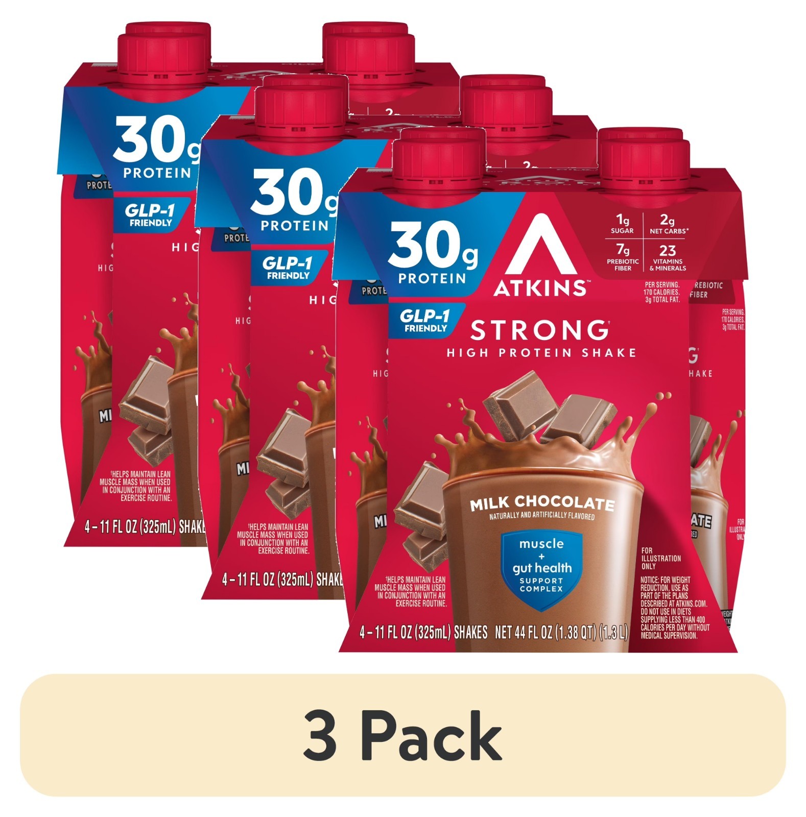 (3 Pack of 4 count) Atkins Strong High Protein Shake, Milk Chocolate, 30g