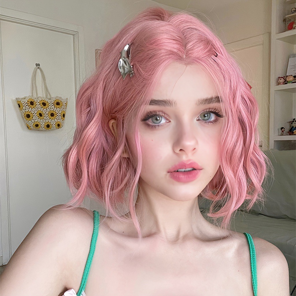Pink Short Wavy Synthetic Wig Middle Part Natural Cosplay Party Wig for Women