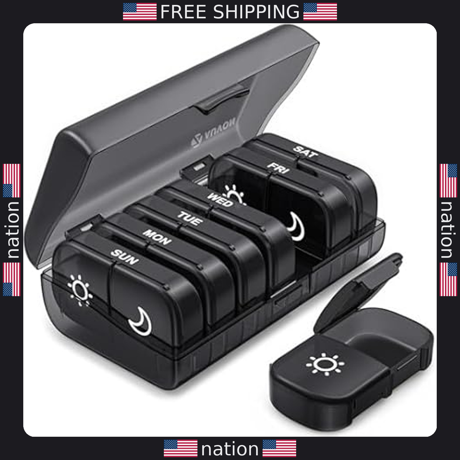 AUVON XL 7-Day PM AM Pill Organizer – Easy Access, Privacy Protection, Black