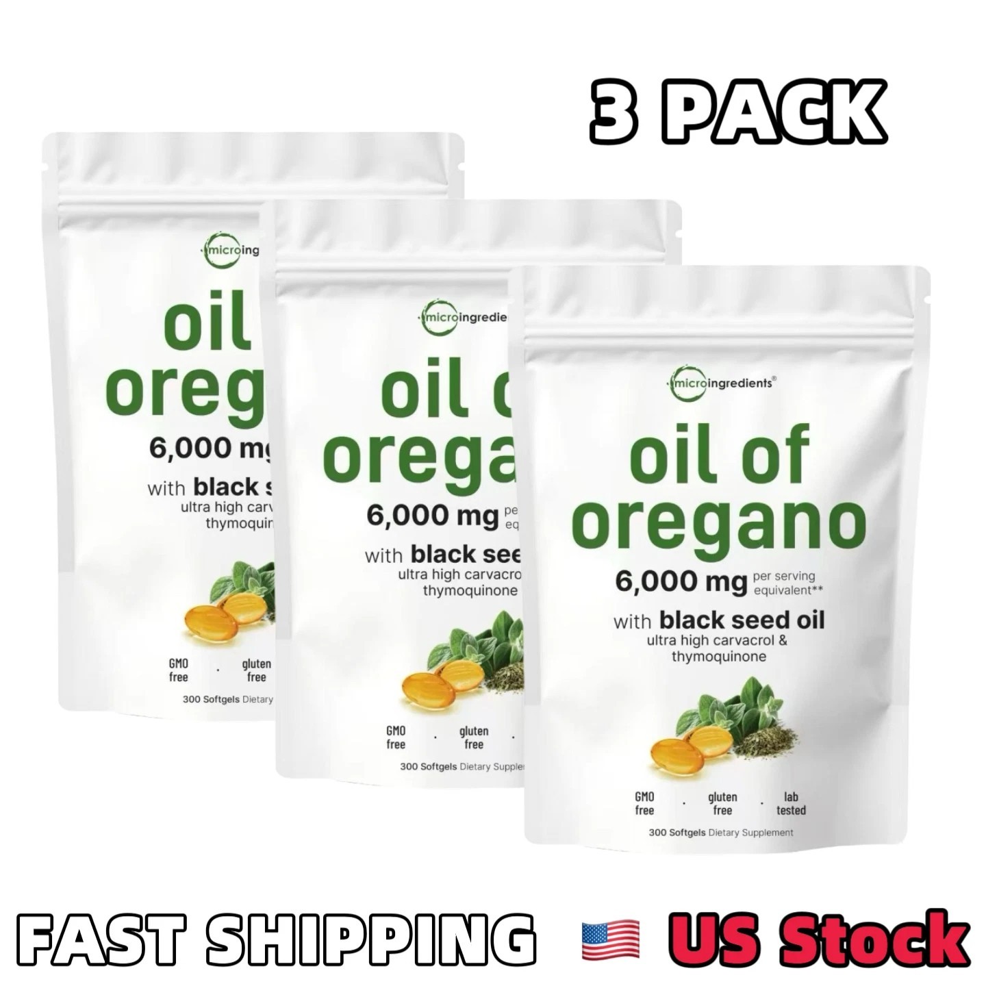 3 Pack Oil of Oregano with Black Seed Oil, 300 Softgels NEW Microingredients.-