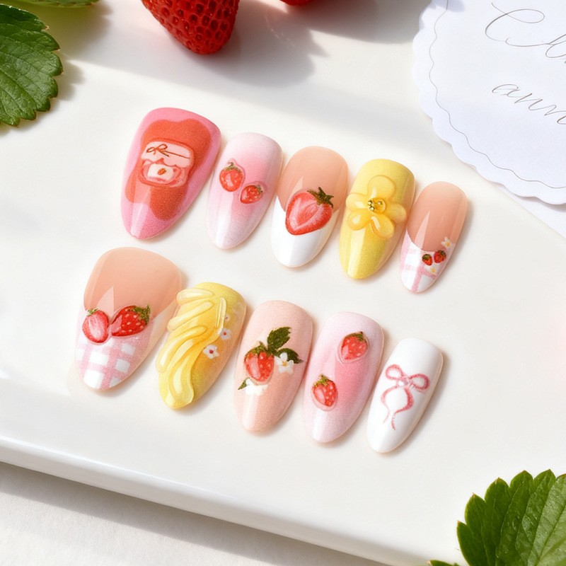 60Pcs-3D Strawberry Bow Press on Nails Plaid Floral Almond Cute Pastel Fake Nail