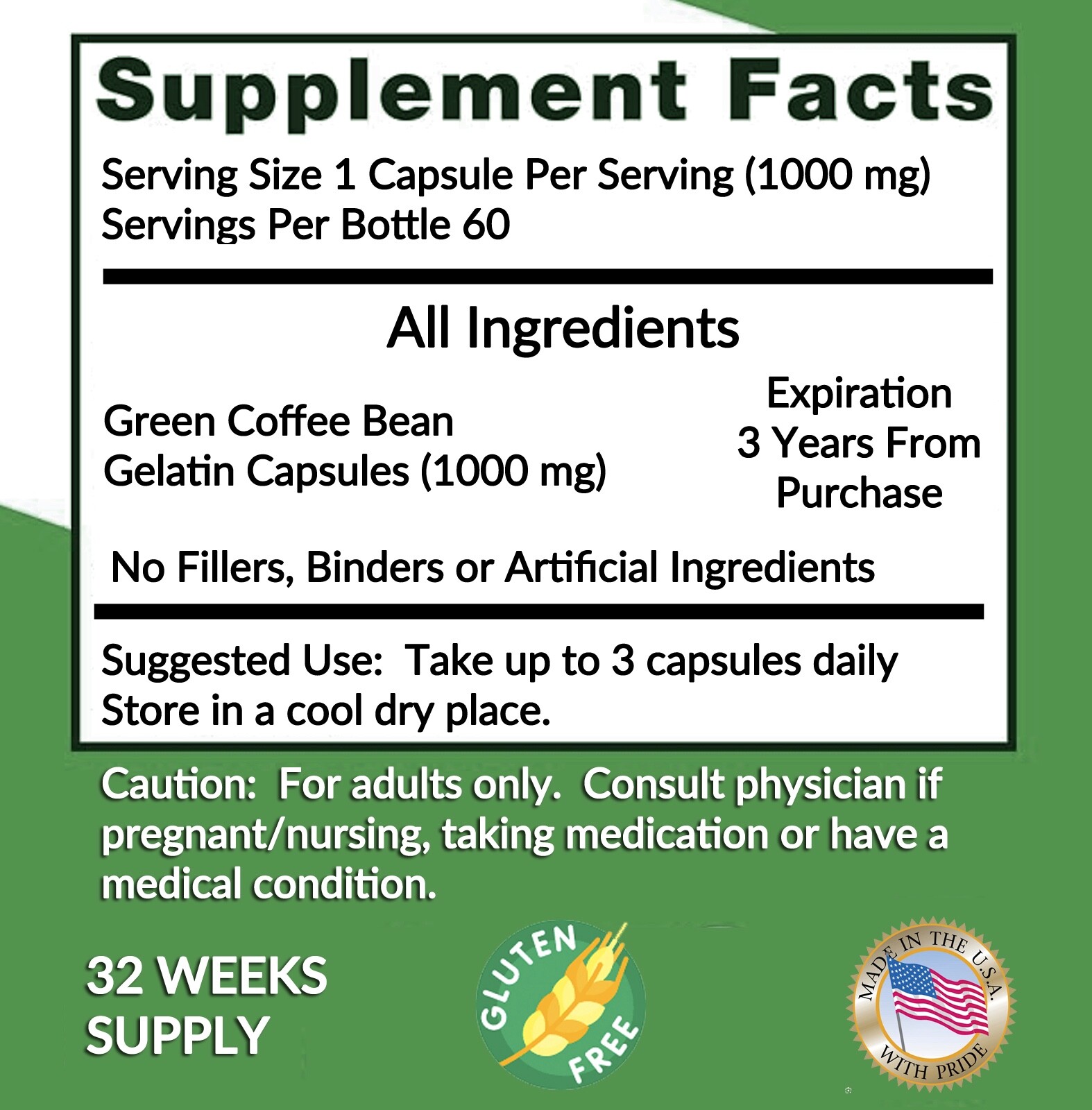 Pure Green Coffee Bean Extract – QUICK WEIGHT LOSS – 1000 mg 240 Diet Capsules