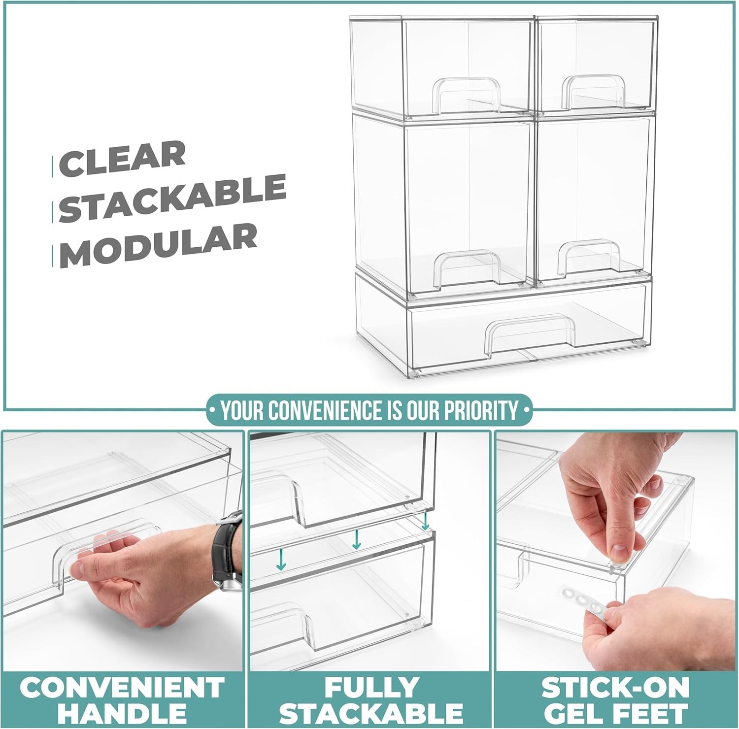Acrylic Storage Containers Set, Stackable Bathroom Organizer, 5 Pieces, Clear