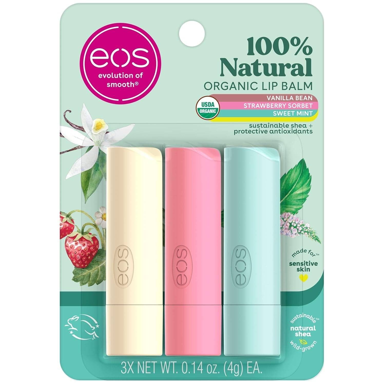 EOS 100% Natural Lip Balm Trio Vanilla Bean, Sweet Mint, & Strawberry Sorbet
