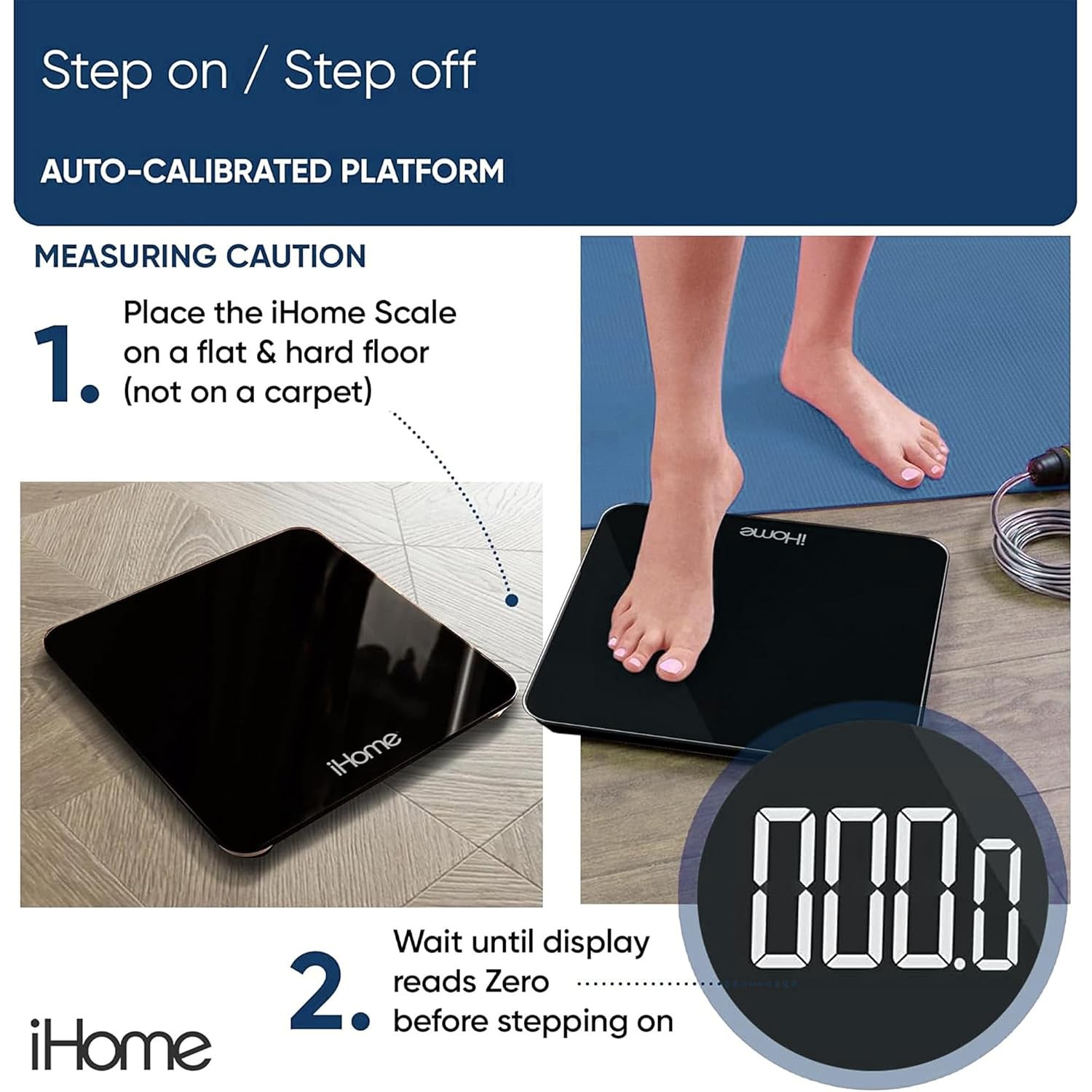 Digital Bathroom Scale Body Weight LCD Display Tempered Glass Black Scale