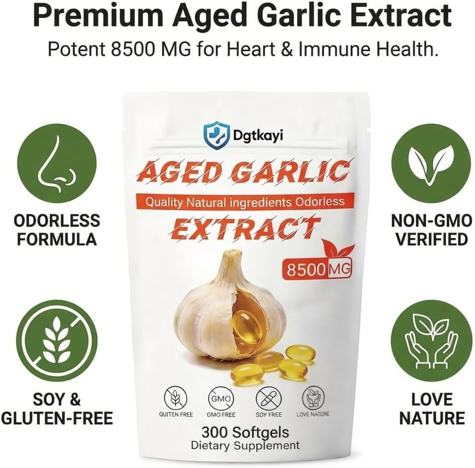 Odorless Aged Garlic Extract 8500mg – 300 Softgels, 2 Year Aged Organic Garlic S