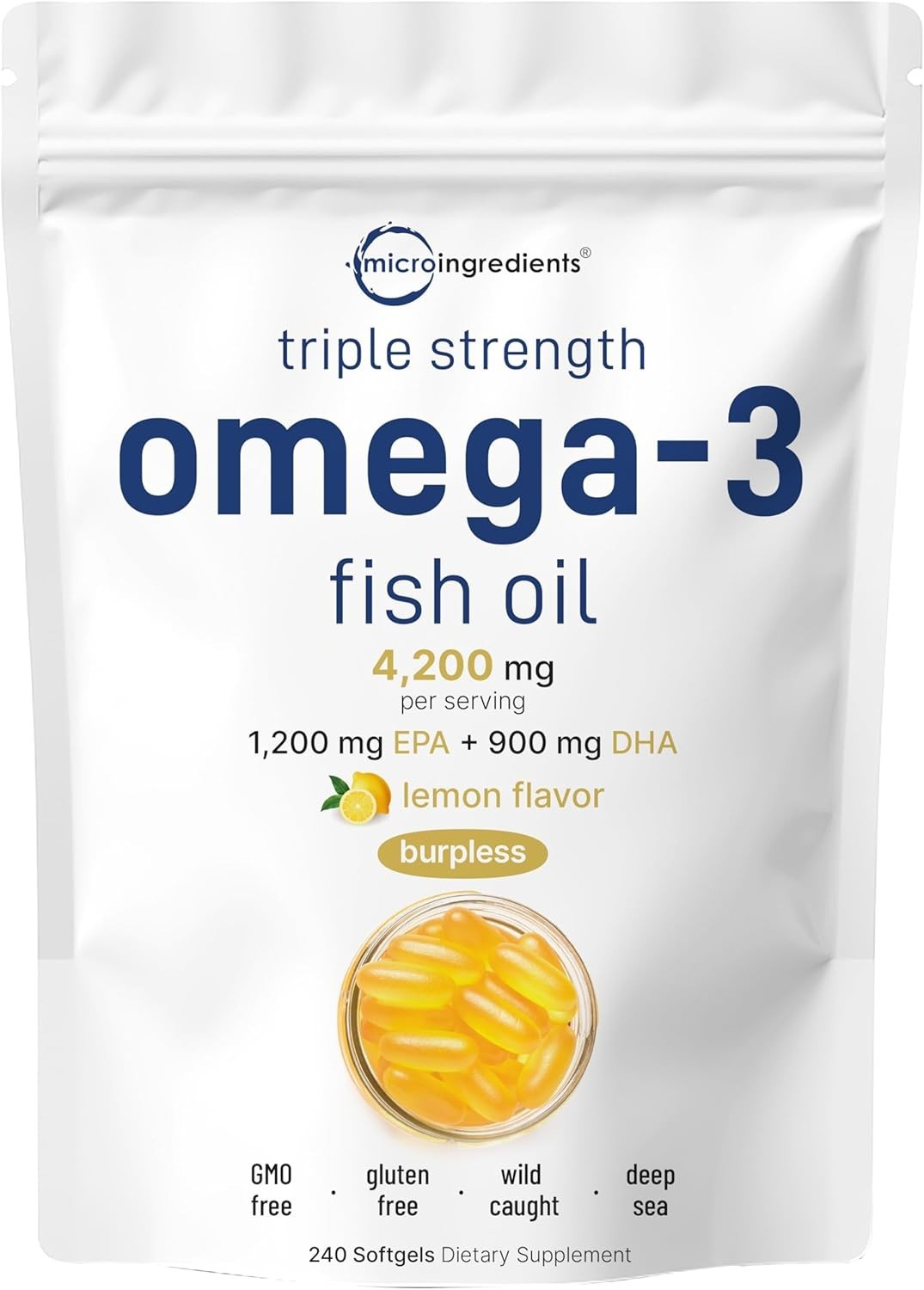 Triple Strength Omega-3 Fish Oil 4200mg Softgels – Lemon Flavor & Burpless, 2…