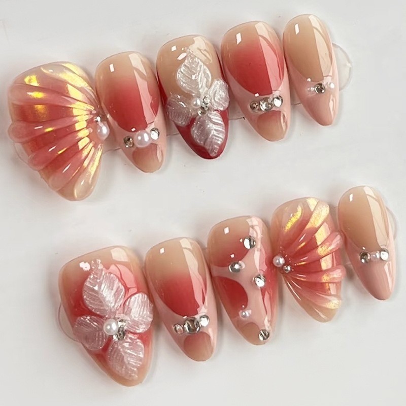 30Pcs-Peach Red Ombre 3D Shell Flower Almond Press on Nails Pearl Rhinestone Tip