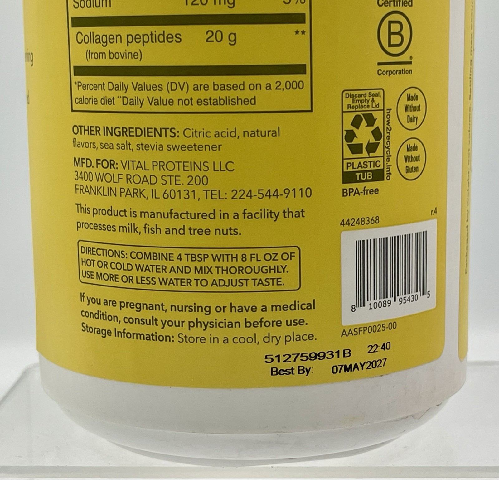 Vital Proteins Collagen Peptides Lemon Dietary Supplement 11oz EXP 05/2027