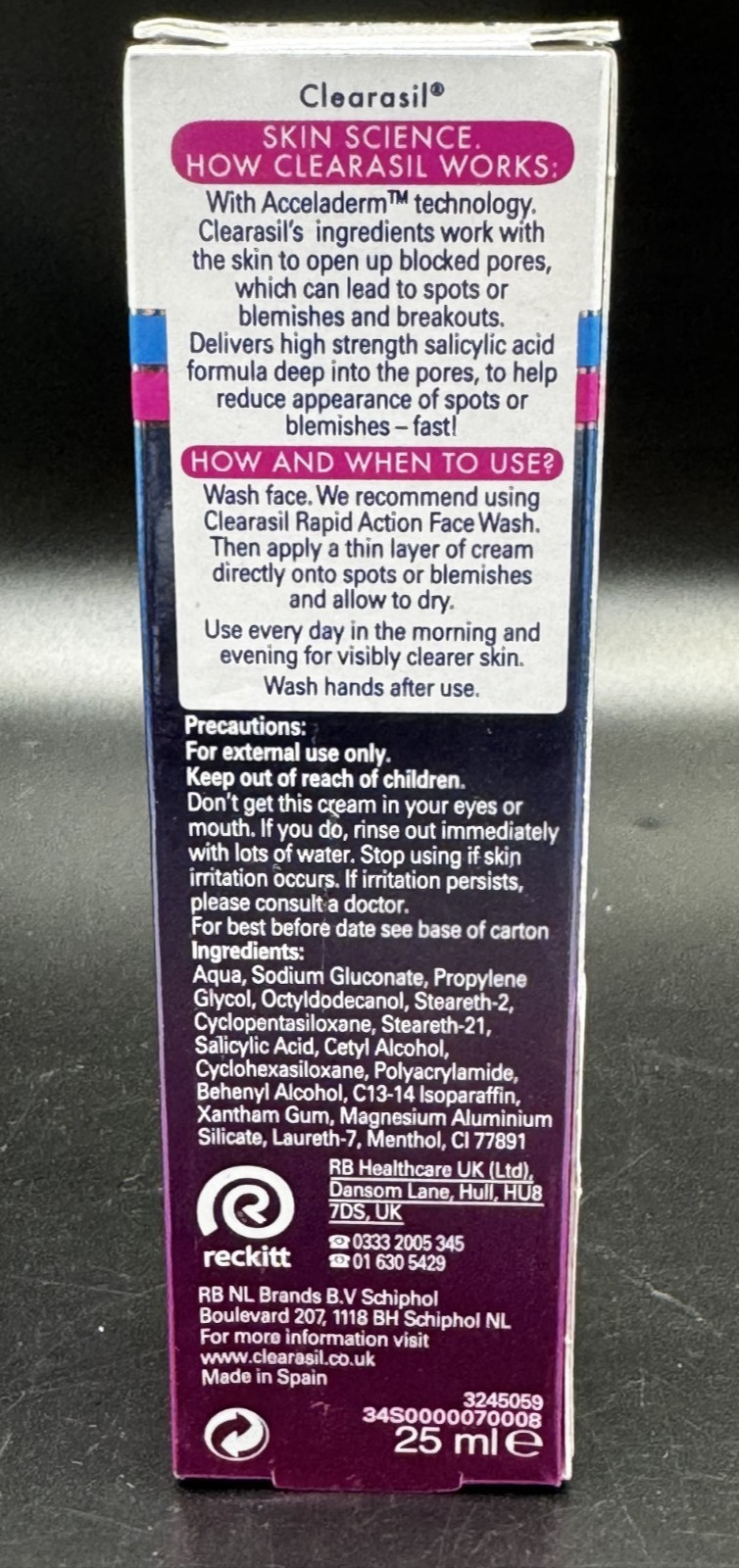 Clearasil Rapid Action Clarifying Cream 4-hr Reduce Spots Blemishes 25ml
