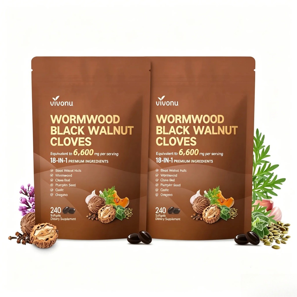 2-PCS VivoNu Wormwood Black Walnut Cloves–Cleanse & Metabolism, 240 Softgels