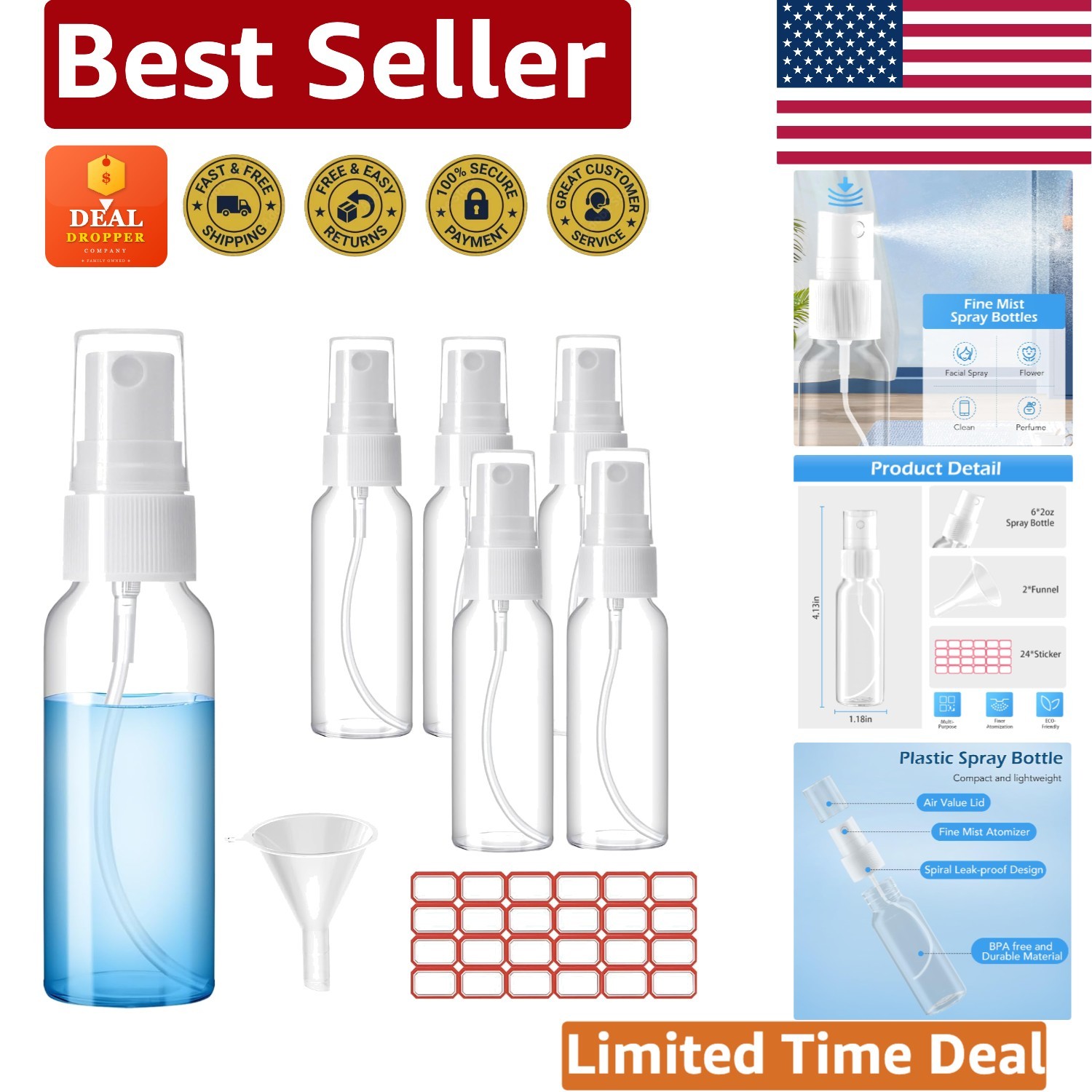 Lightweight Travel Spray Bottle Set – 6 BPA Free 50ml Bottles with Handy Funnels