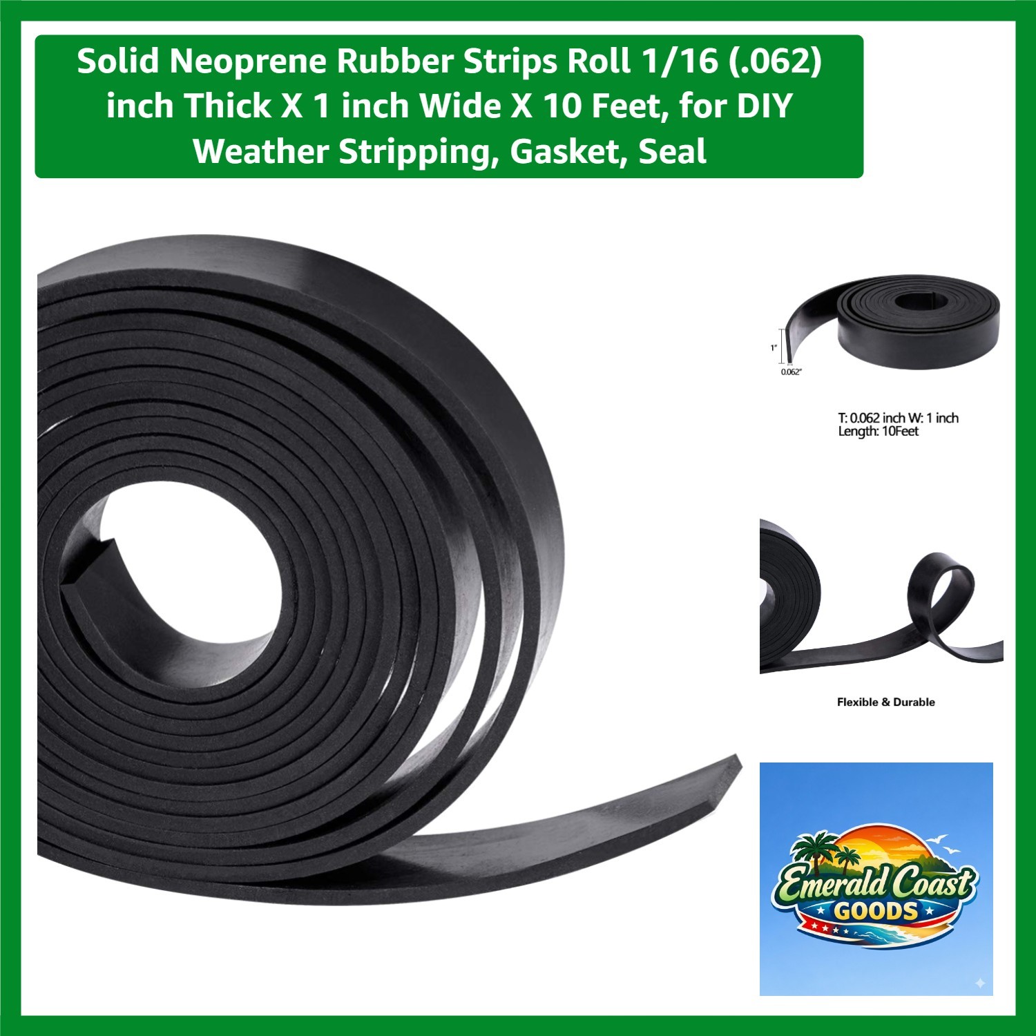 Black Solid Neoprene Rubber Strip Roll – 1″ Wide x 10′ Long for Protection
