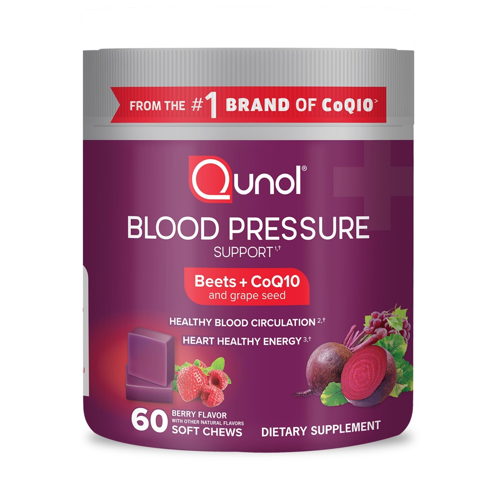 Beet Chews for Blood Pressure Support – 3-in-1 CoQ10 & Grape Seed Extract, 60 Ch