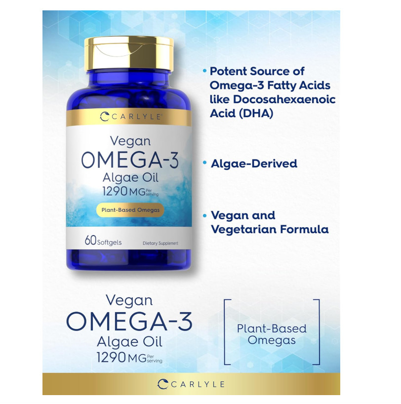 Vegan Omega 3 Supplement 1290mg 60 Softgels Plant Based Algae Oil Non GMO Gluten