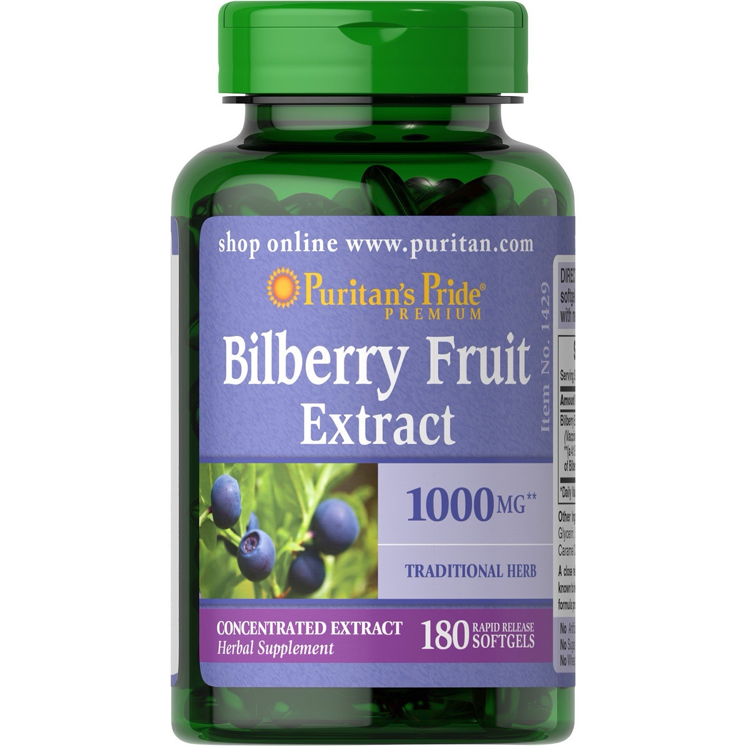 Puritan’s Pride Bilberry Extract 1000mg 180 Softgels Blue Bottle Exp 07/27