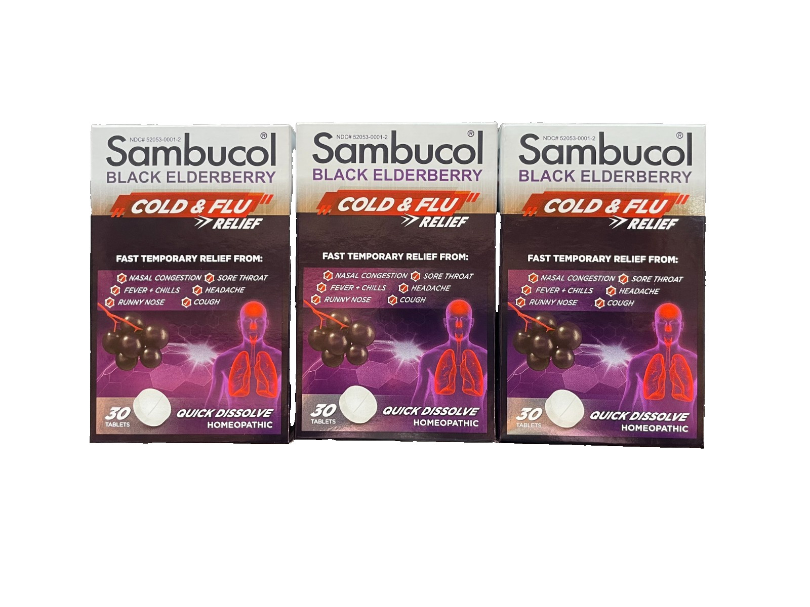 Sambucol Black Elderberry Cold and Flu Relief 90 Tablets (3 boxes of 30)