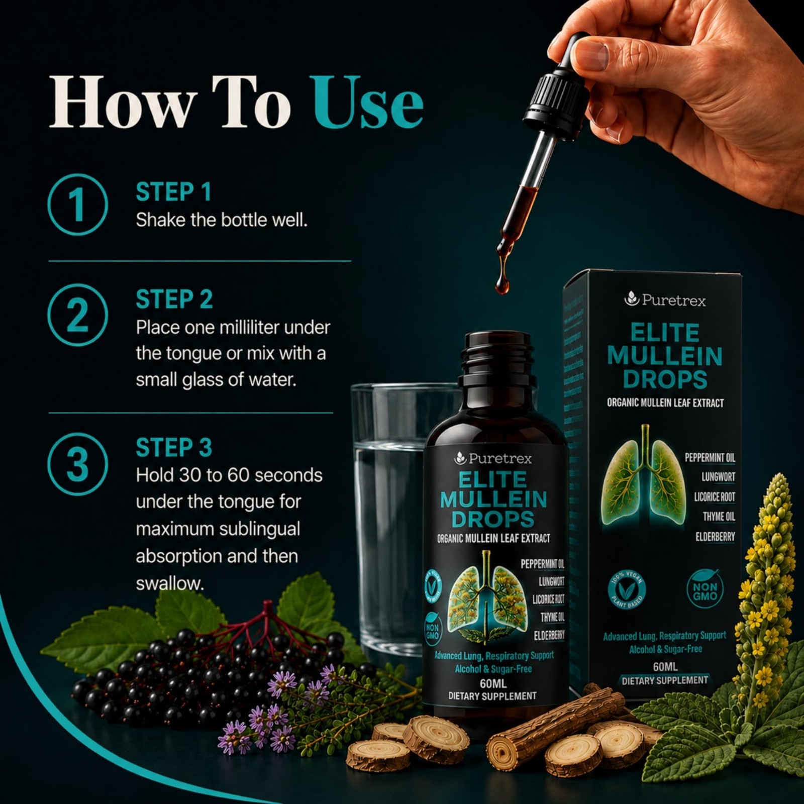 Mullein Drops for Lungs & Respiratory Support, Herbal Extract, 60mL