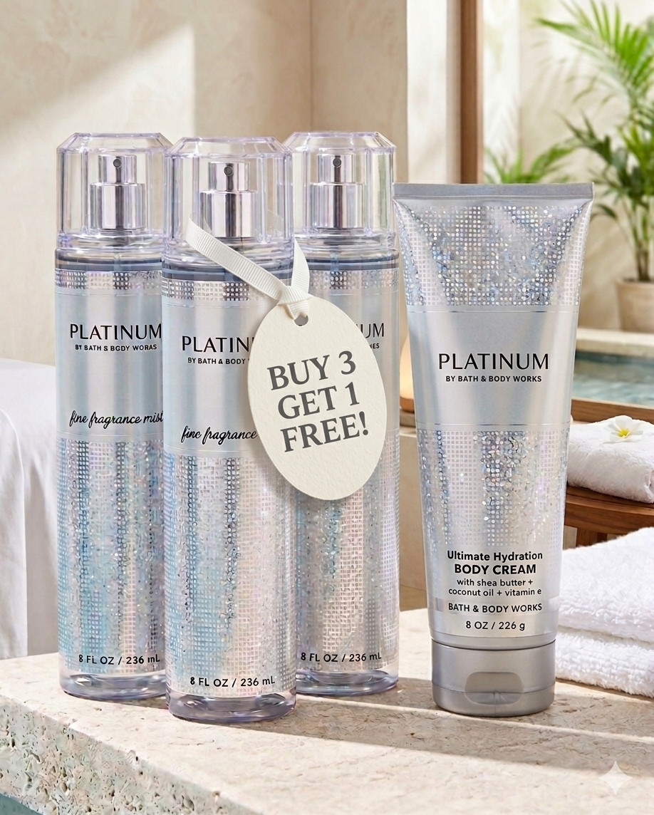BUY 3 GET 1 FREE! Bath & Body Works PLATINUM Set – 3x Mists & 1x Body Cream
