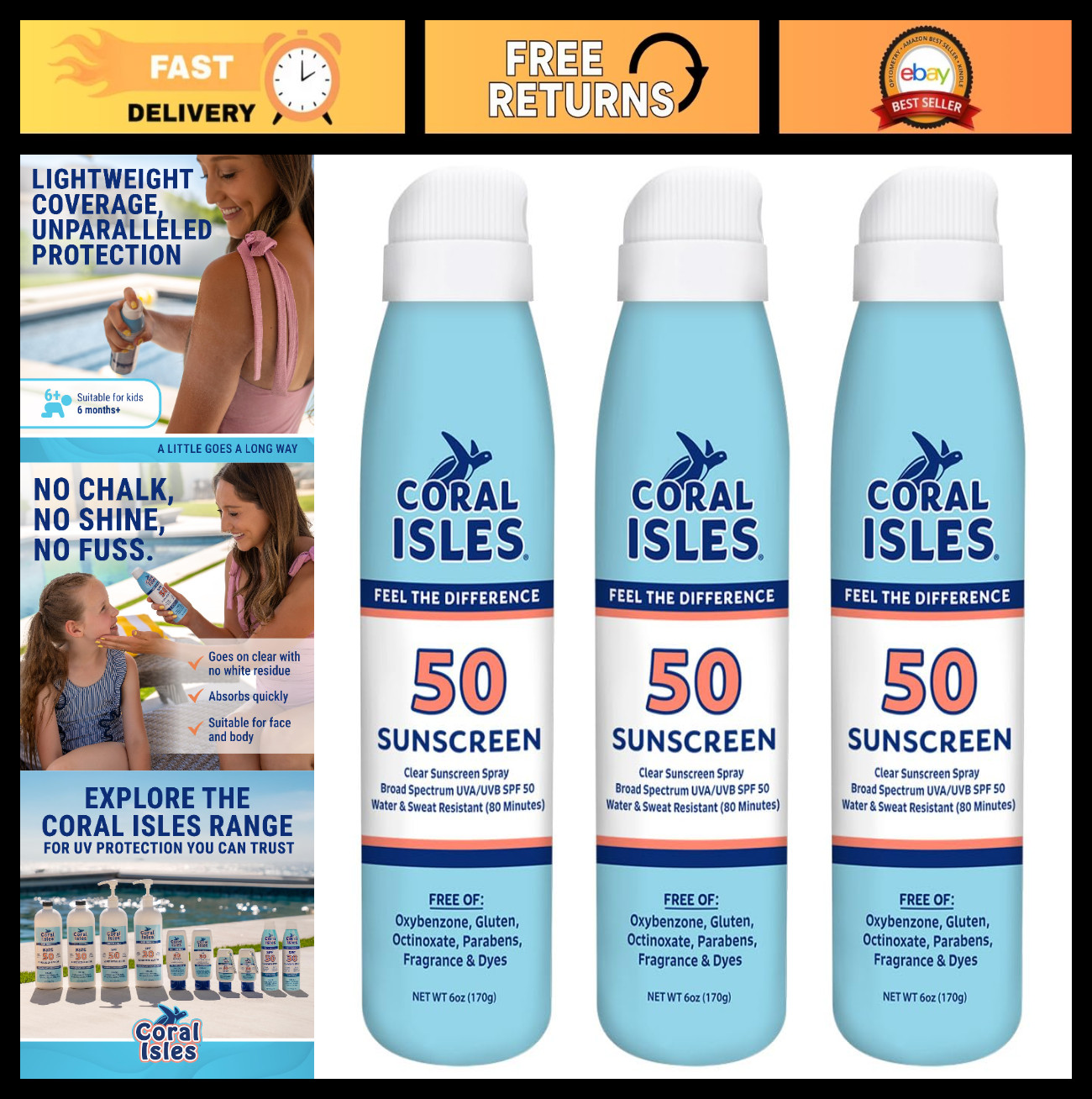 Reef Safe SPF 50 Sunscreen Spray – 6 Fl Oz, Pack of 3, Water Resistant Sunblock