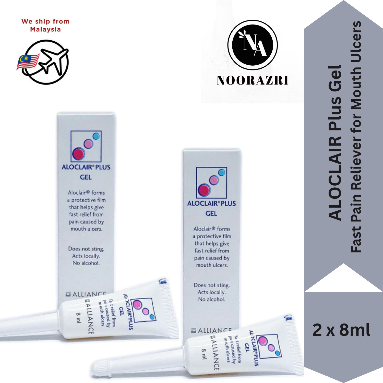 2 X ALOCLAIR Plus Gel 8ml Fast Pain Reliever for Mouth Ulcers