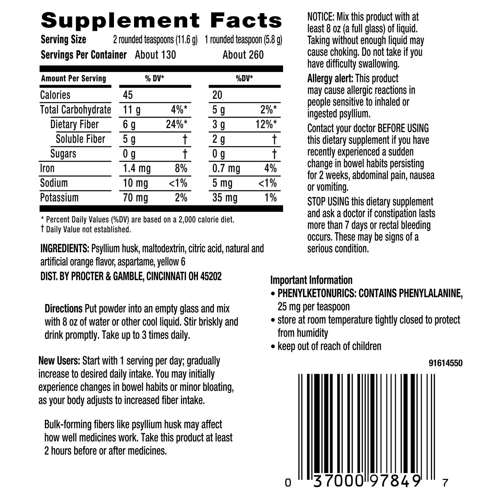 Metamucil Fiber Supplement, Orange Sugar Free Powder, Real Sugar, 260 Servings!