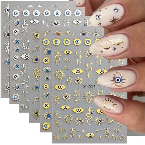 6 Sheets Evil Eye Nail Stickers for Nail Art,Gold Silver Metallic Evil Style-25