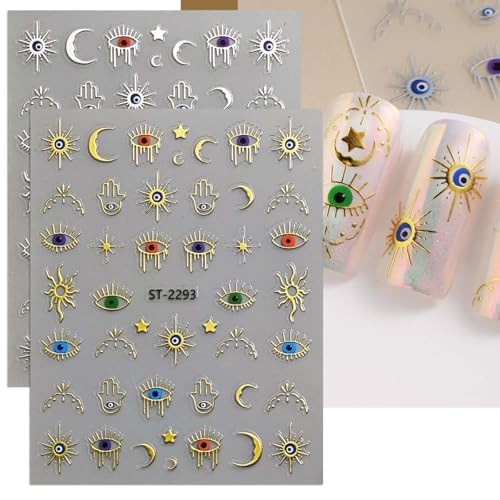 6 Sheets Evil Eye Nail Stickers for Nail Art,Gold Silver Metallic Evil Style-25