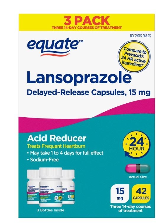 “Equate Lansoprazole 15mg Capsules Acid Reducer, 42ct x 3 Pack (Delayed Release