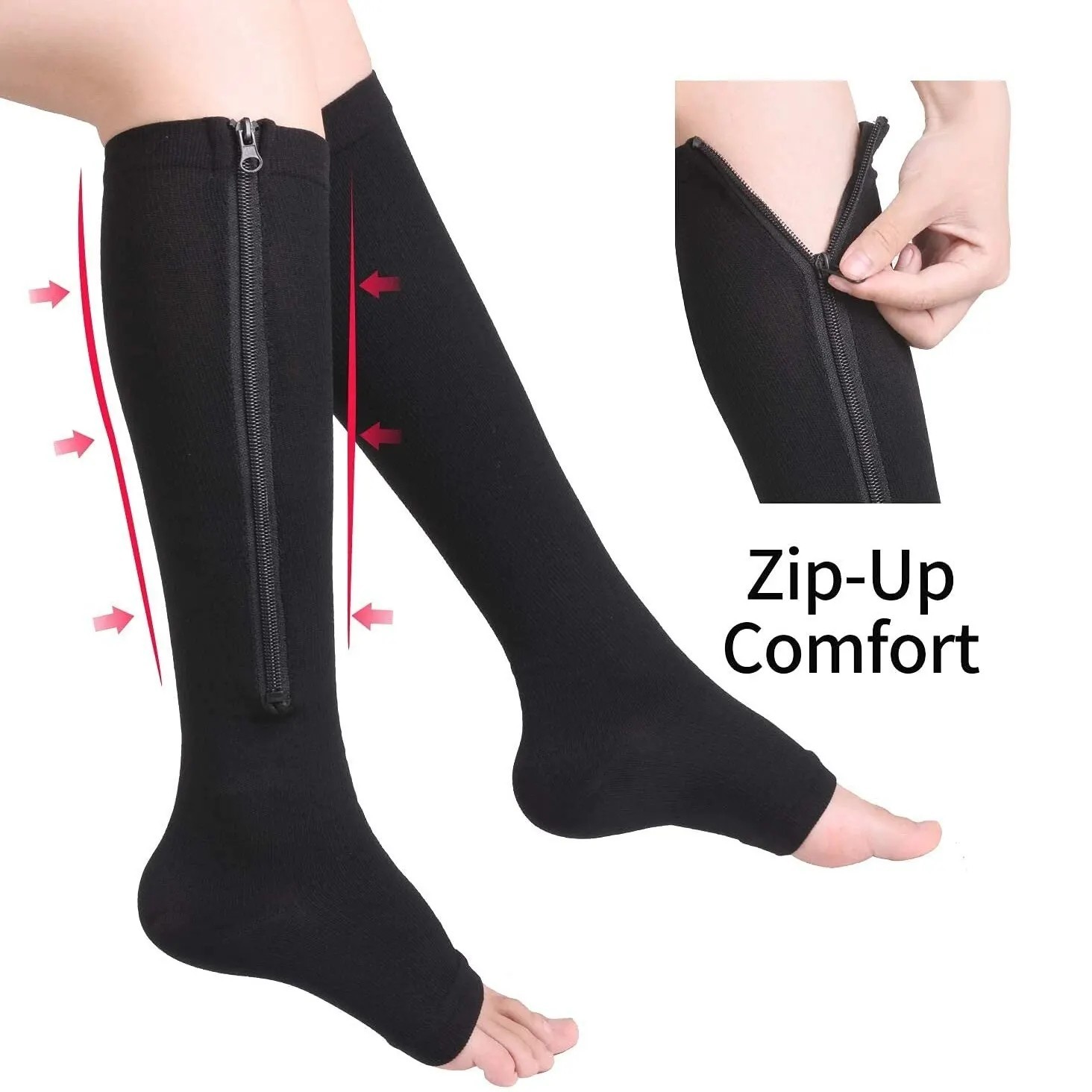 Zipper Compression Socks Men Women Open Toe Knee High 15-20mmHg Support Stocking