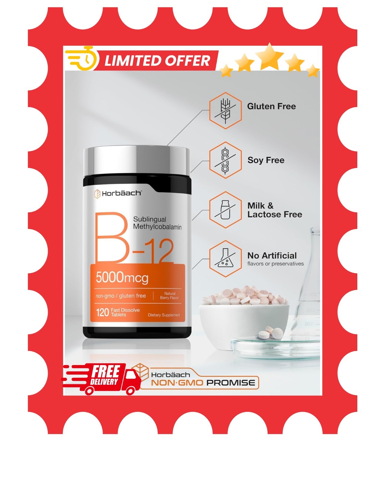 B12 Sublingual Methylcobalamin | 5000mcg | 120 Dissolvable Tablets | Free Ship..