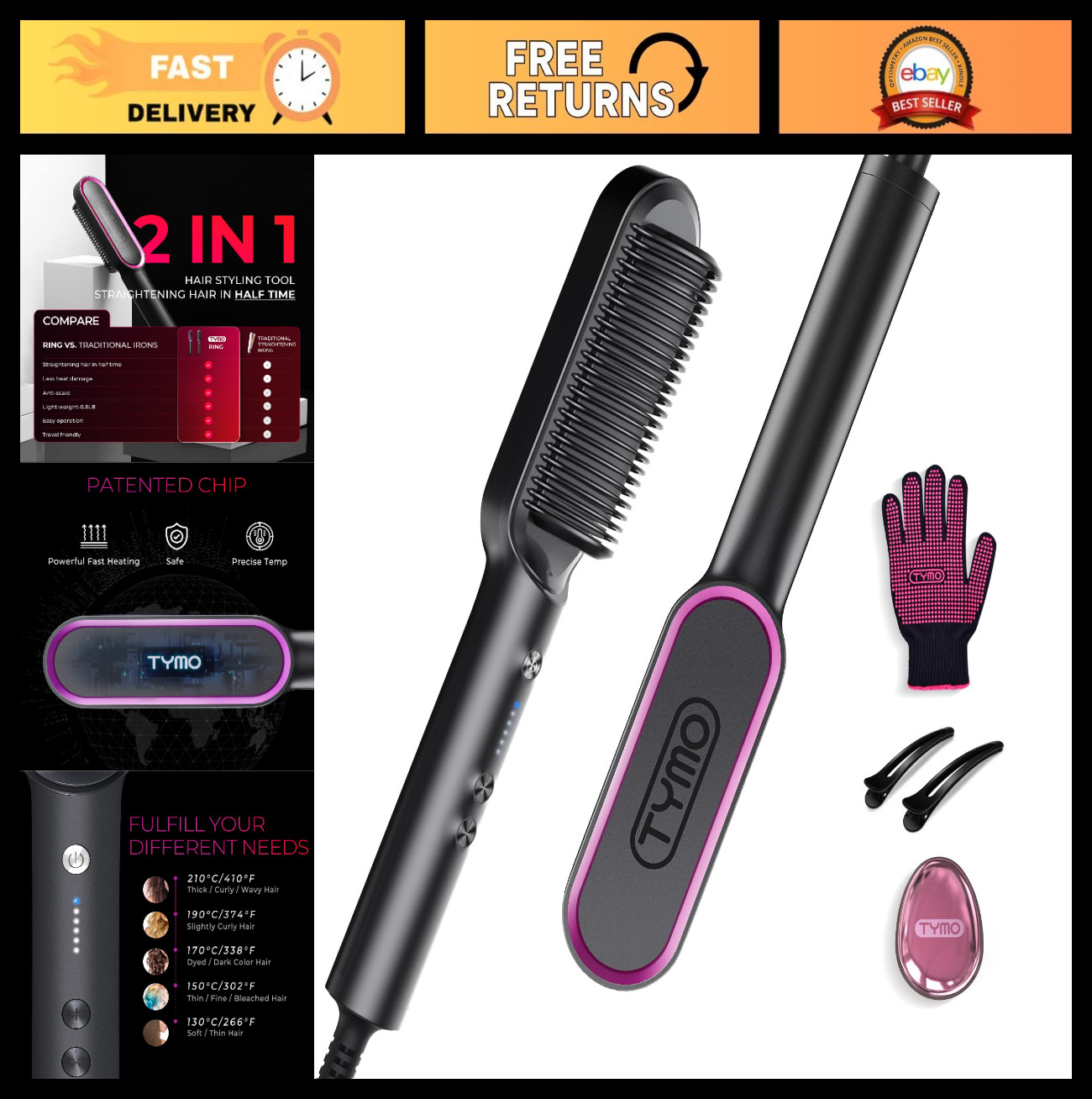 Hair Straightener Brush Comb for Women – 5 Heat Settings, Fast Heating, Dual Vol